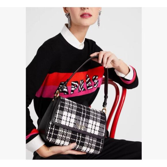 Kate Spade Women's Black Plaid Jacquard Convertible Flap Shoulder Bag - Picture 1 of 10